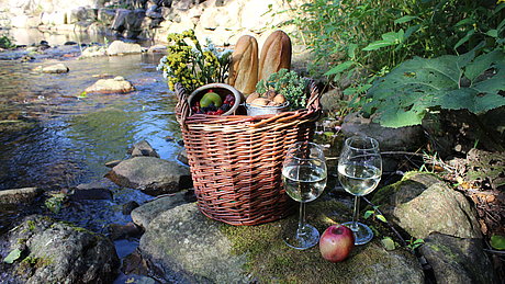 Ein Korb gefüllt mit Baguettes und Obst, daneben zwei Weingläser auf einem Stein an einem Bach.
