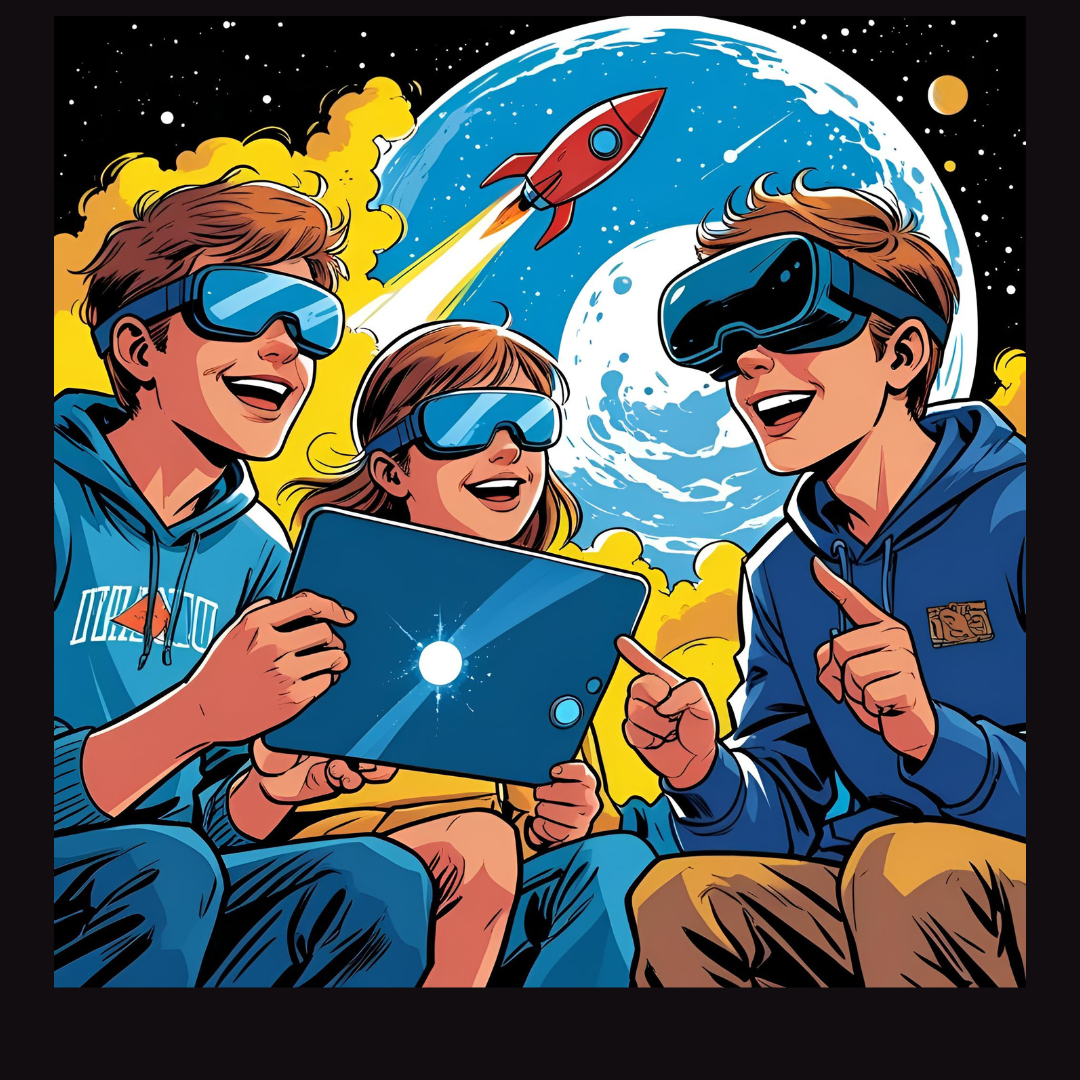 Comiczeichnung mit Jugendlichen vor dem Weltraum sitzend