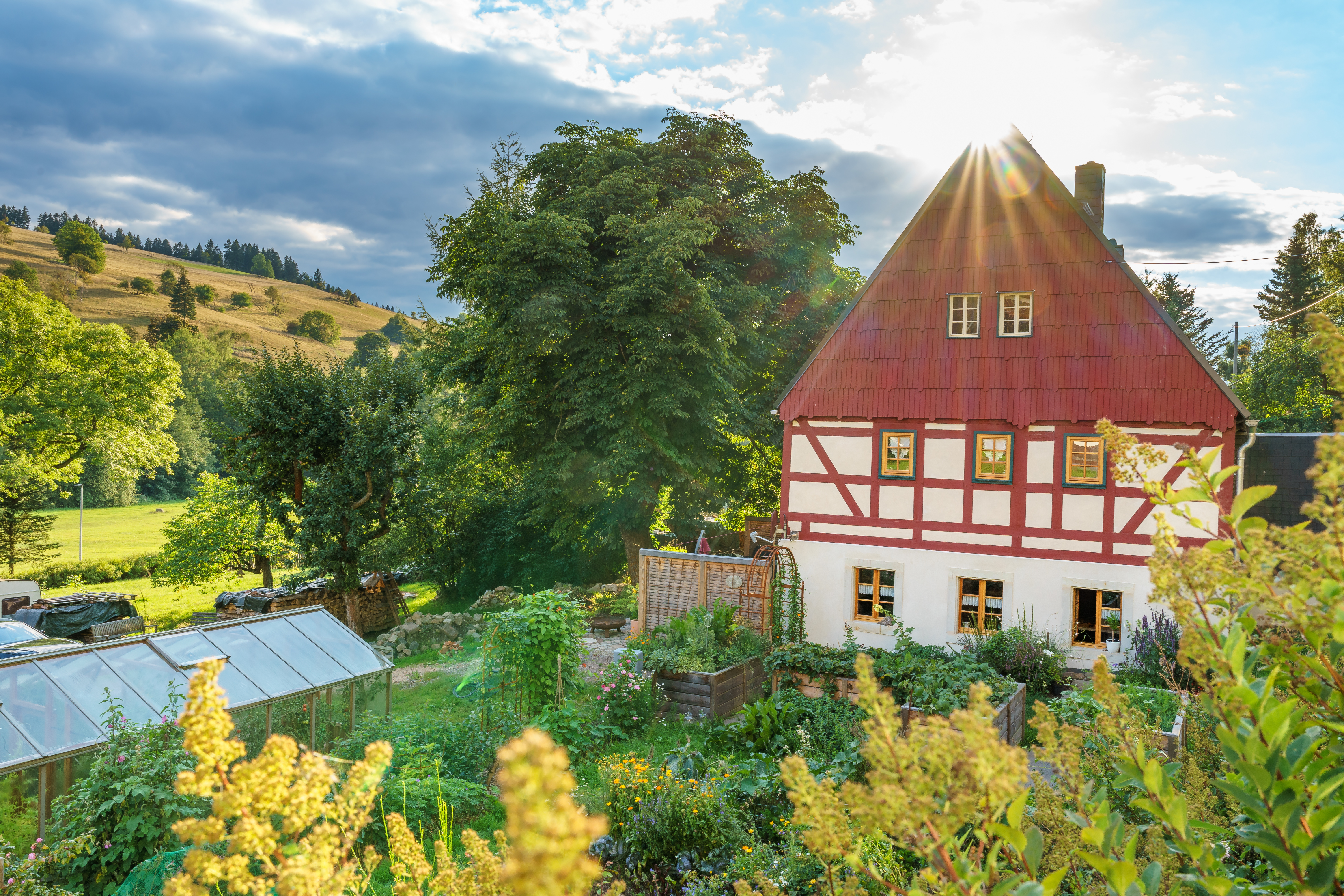 Gewächshausdach, Sträucher und Bäume im Fordergrund und im Hintergrund ein saniertes Bauernhaus.