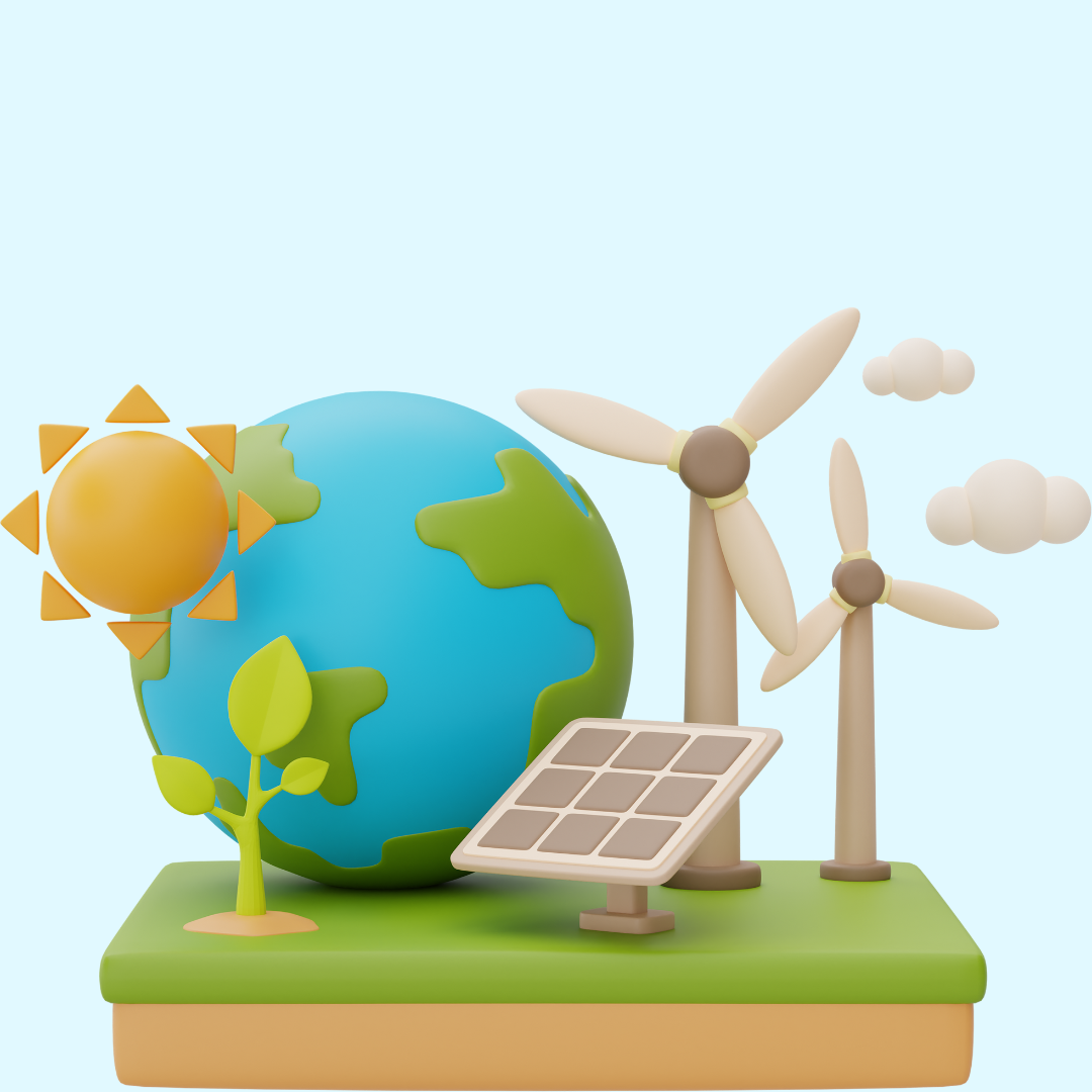 Neben der Erde sind die Sonne, eine Solaranlage und zwei Windräder zu sehen