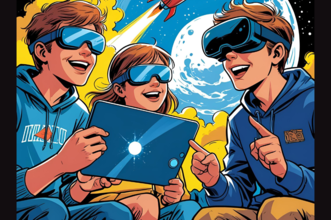 Comiczeichnung mit Jugendlichen vor dem Weltraum sitzend