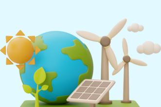 Neben der Erde sind die Sonne, eine Solaranlage und zwei Windräder zu sehen