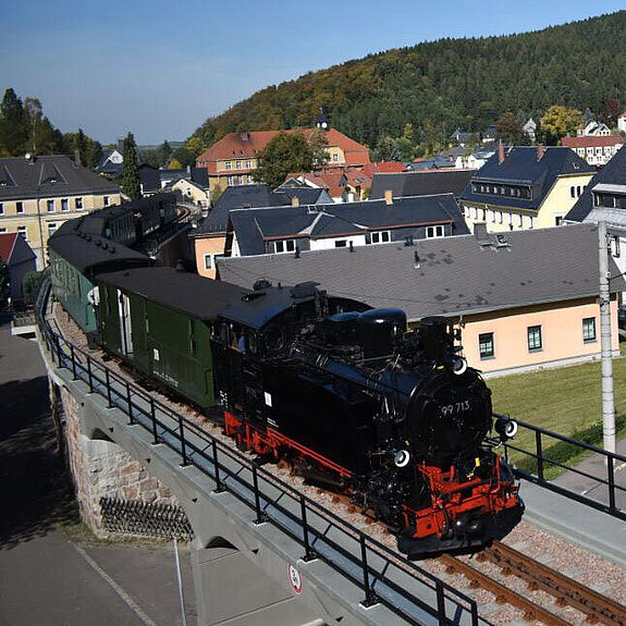 Eine Brücke mit einer Lokomotive, dahinter Häuser