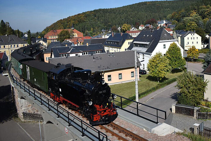 Eine Brücke mit einer Lokomotive, dahinter Häuser