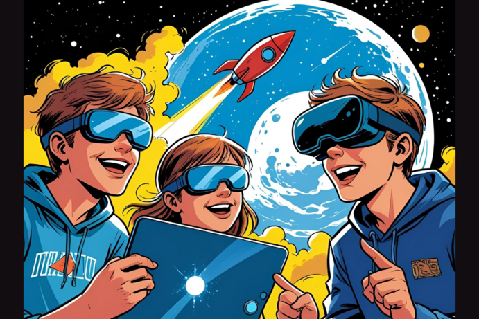 Comiczeichnung mit Jugendlichen vor dem Weltraum sitzend