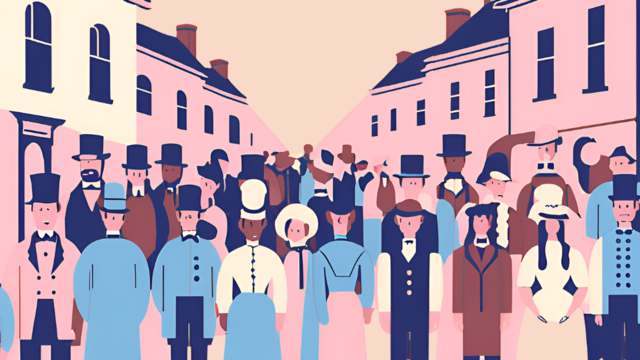 Menschen im 19. Jahrhundert auf der Sztaße unterwegs gezeichnet