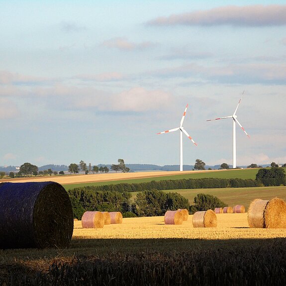 Abgeerntetes Feld mit Heuballen und 2 Windrädern im Hintergrund.